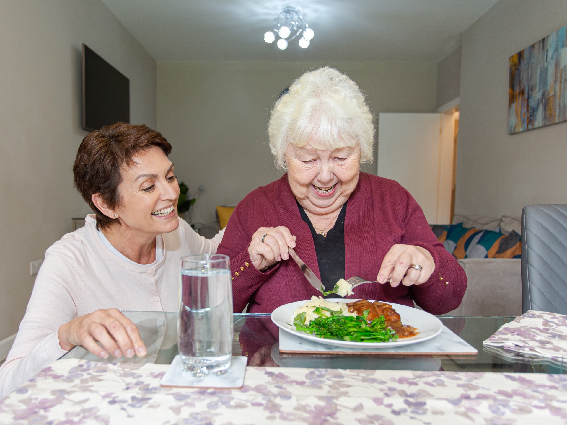 a women working in companion care talking to an elderly lady while she eats